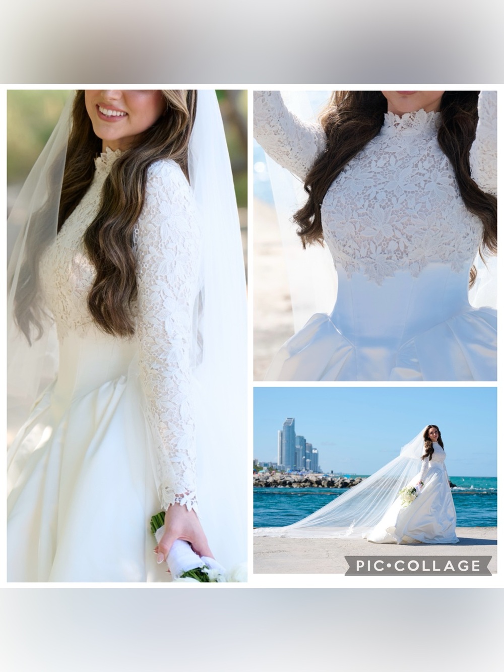 High-Neck Lace Long-Sleeve Bridal Gown in White